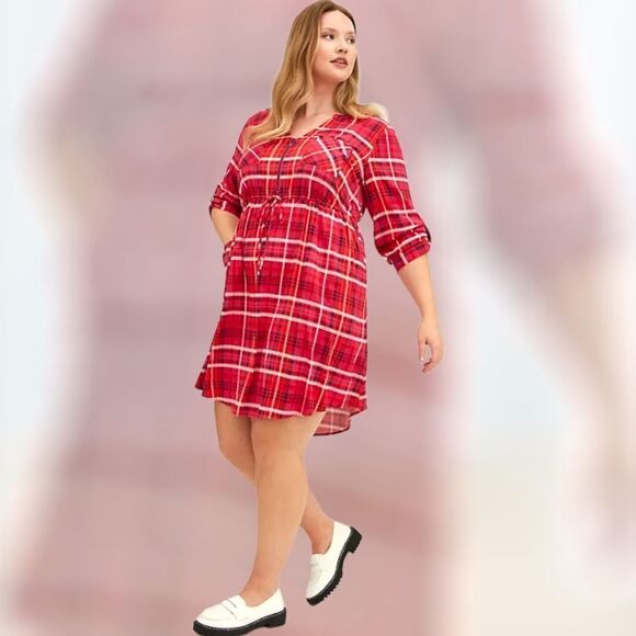 TORRID Plus Size  Zip Front Plaid Pink Stretch Challis Shirt Dress - Picture 10 of 16